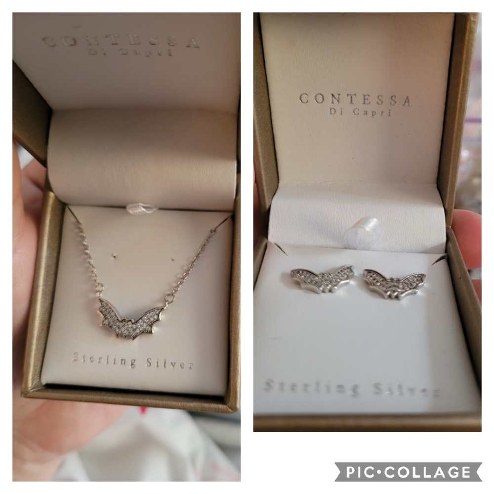 Sterling Silver and white sapphire bat earrings and necklace.